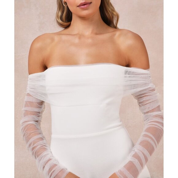 Lulus Beautifully Beloved White Mesh Off-the-Shoulder Dress with Train Sz Med - Picture 3 of 16